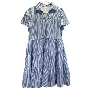 Joy Joy Blue Womens Short Sleeve Collared Babydoll Striped Dress Small